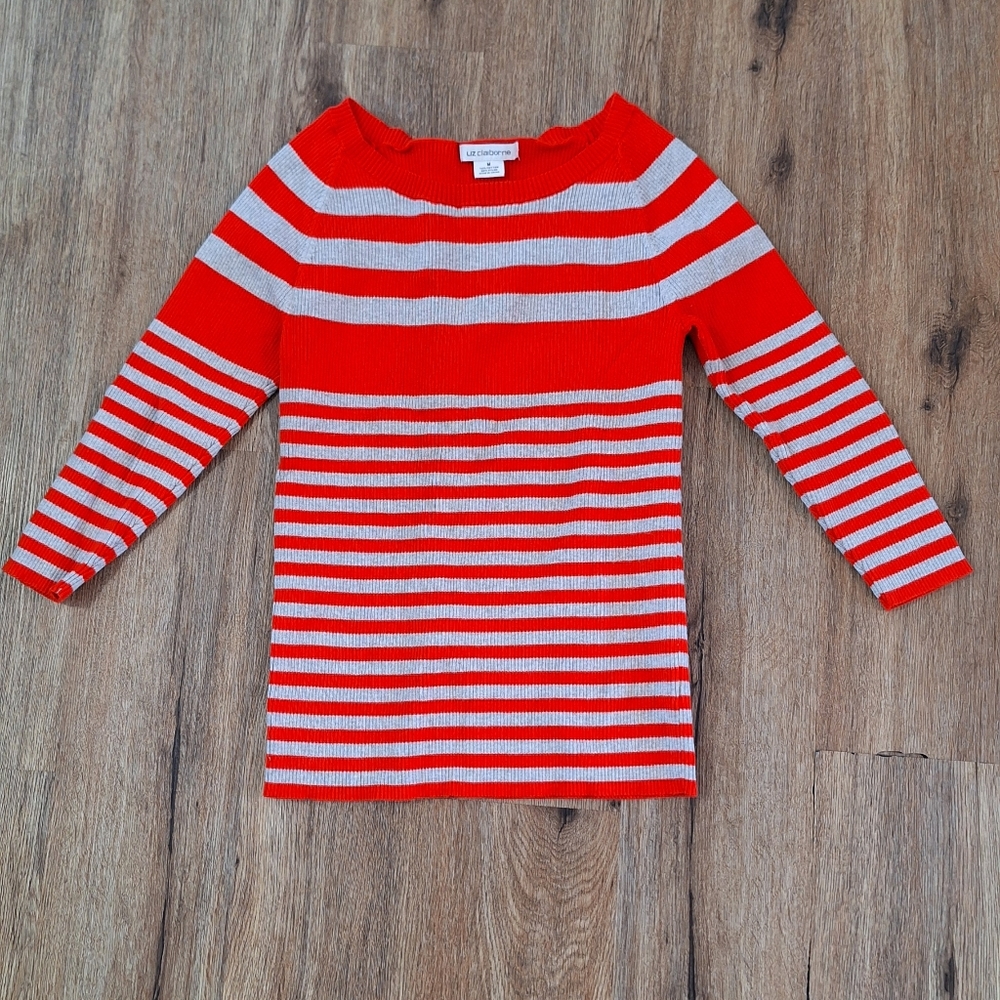 Liz Claiborne Sweater Womens Sz Medium Red Woman Long Sleeve Orange Grey Striped